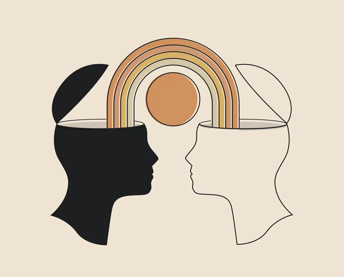 Illustration de deux profils face à face, reliés par un arc coloré, symbolisant le lien entre l'humain et l'organisation